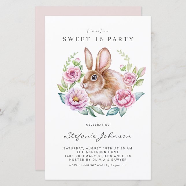 Rabbit and Pink Flowers Sweet 16 Party Invitation (Devant / Derrière)