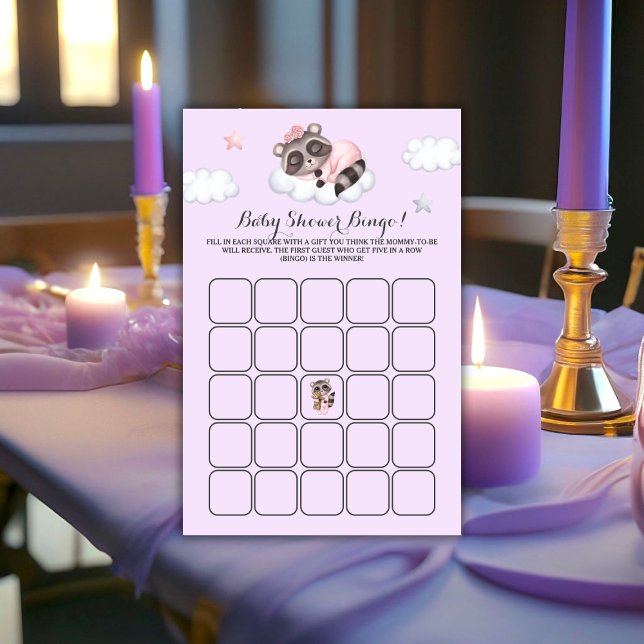 Raccoon Baby shower Lavender Jeu Bingo (Gentle Raccoon Animal Girl Baby Shower Game Bingo)