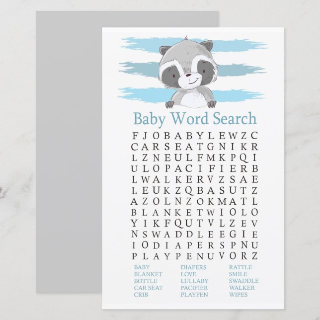 Raccoon Baby shower Word Jeu de recherche (Devant / Derrière)
