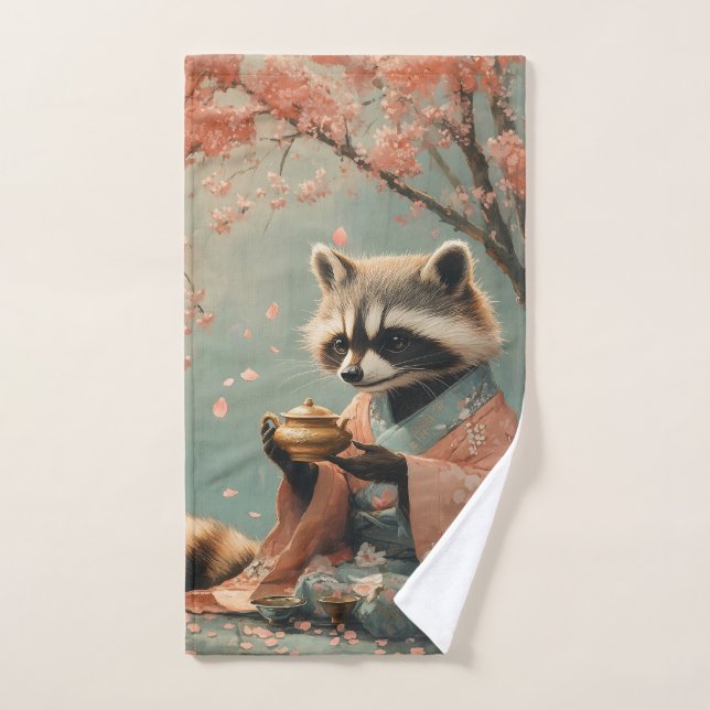 Raccoon Bouddha : Thé Paisible Sous Cherry Tree (Serviette à main)