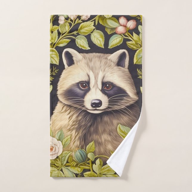 Raccoon et feuilles verts inspirés de William Morr (Serviette à main)