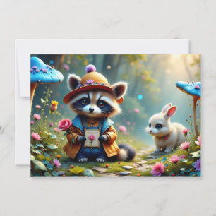 Raccoon et lapin avec carte de voeux