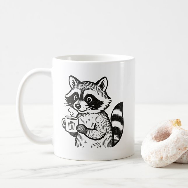 Raccoon Holding Coffee Cup Funny Trash Panda Mug (Avec donut)