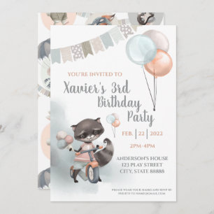 Raccoon Sur Scooter Anniversaire Fête Invitation
