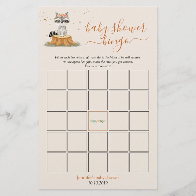 Raccoon Woodland Animals Baby Shower Bingo Game (Devant)