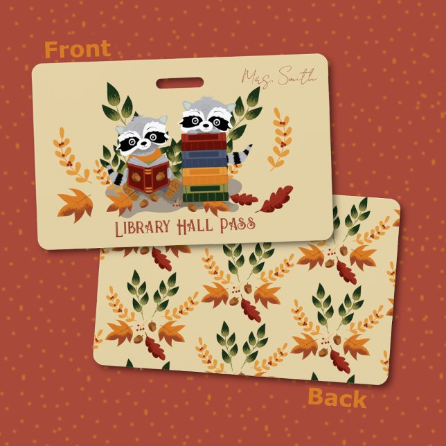 Raccoons avec livres Bibliothèque Hall Pass Badge (Front and back view of the hall pass badge .)