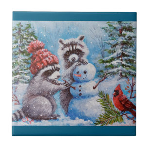 Raccoons, Cardinal, Carreaux décoratifs Snowman