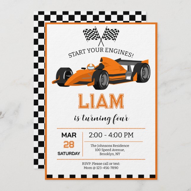Race Car Birthday Party Invitation (Devant / Derrière)