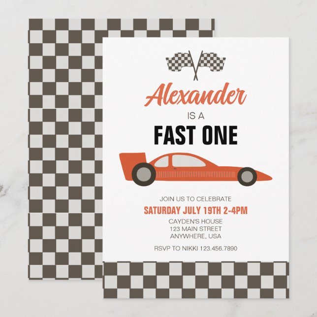 Race Car Fast Un 1er Anniversaire Invitation (Devant / Derrière)