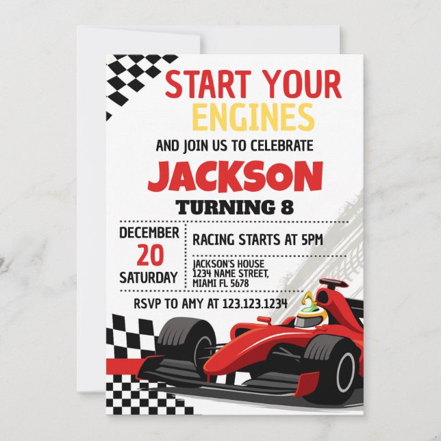 Race Car Invitation Anniversaire pour garçons (Devant)