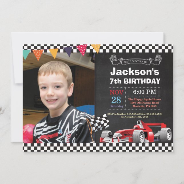 Race Car Invitation Anniversaire. Soirée d'anniver (Devant)