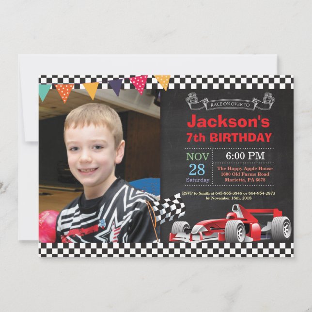 Race Car Invitation Anniversaire. Soirée d'anniver (Devant)