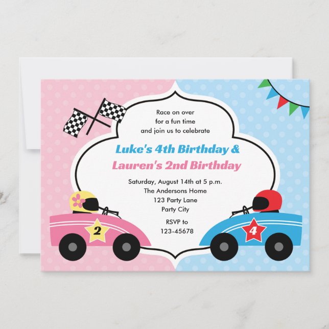 Race Car Invitations - Twins Birthday Boy Girl (Devant)
