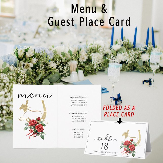 Race Horse Derby Boissons Equestre Carte Place Men (All in one custom individual guest name place card and menu (foldable))