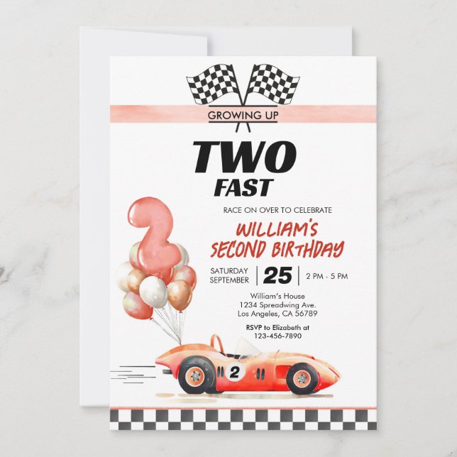 Racing Car Two Fast 2nd Birthday Invitation (Devant)
