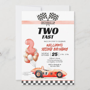 Racing Car Two Fast 2nd Birthday Invitation