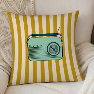 Radio Rétro et Rayures Dorées, Coussin de Décorati