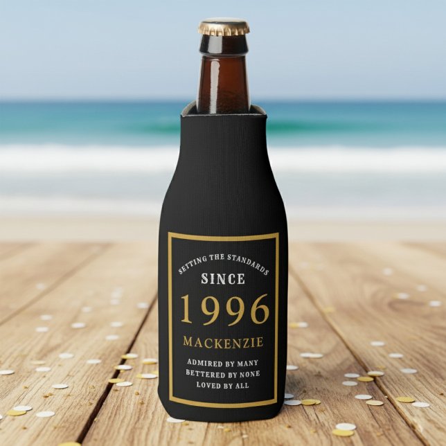 Rafraichisseur De Bouteilles 30th Birthday 1996 Name Elegant Chic Black Gold (Born 1996 bottle cooler. Beach background.)