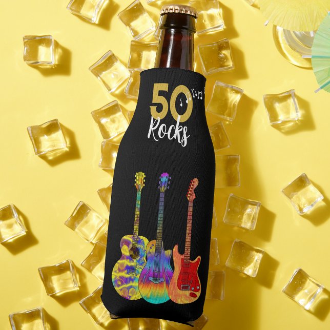 Rafraichisseur De Bouteilles 50 Rocks 50e fête d'anniversaire (50 Rocks cool funky guitar black and gold 50th birthday party bottle cooler)