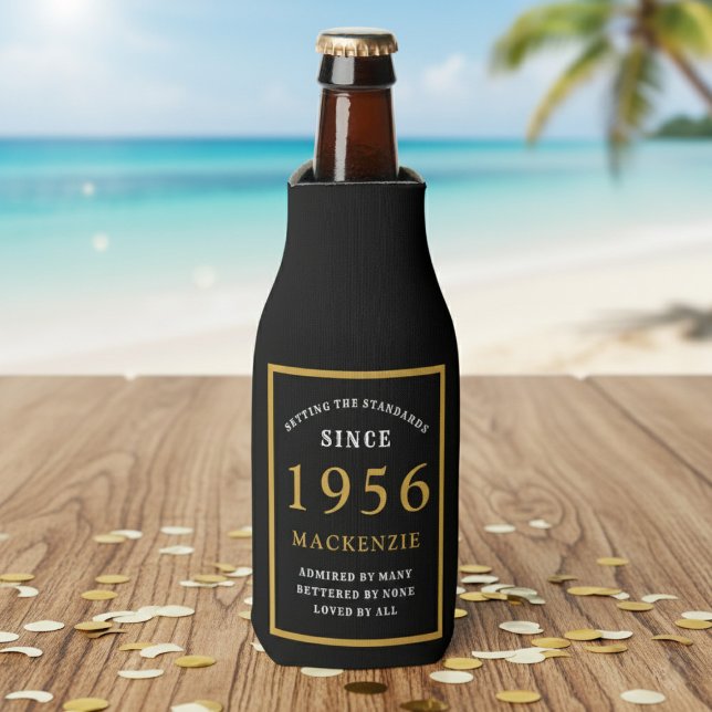 Rafraichisseur De Bouteilles 70th Birthday 1956 Name Elegant Chic Black Gold (Born 1956 bottle cooler. Beach background)