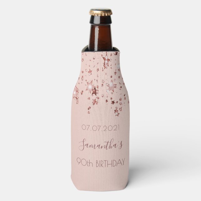 Rafraichisseur De Bouteilles 90e anniversaire rose or blush étoiles nom (Bottle Devant)