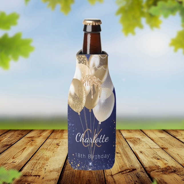 Rafraichisseur De Bouteilles Anniversaire bleu marine or ballons nom monogramme (Créateur téléchargé)