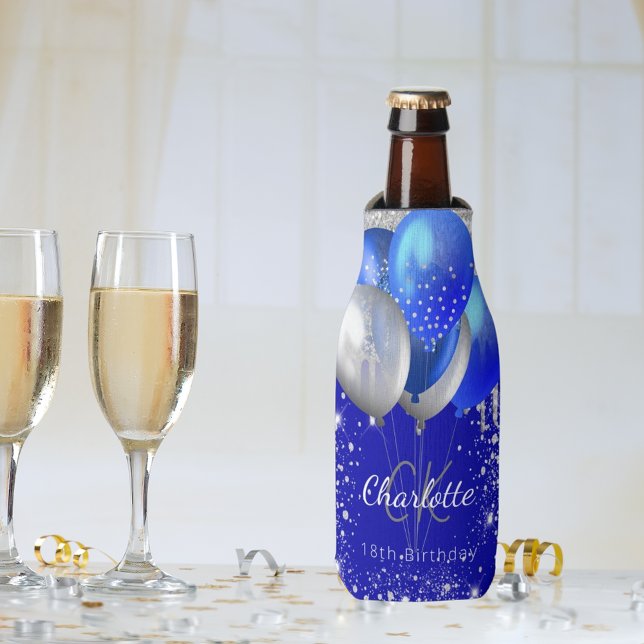 Rafraichisseur De Bouteilles Anniversaire royal bleu or ballons nom monogramme (Créateur téléchargé)
