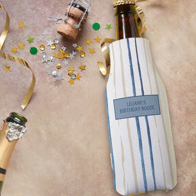 Rafraichisseur De Bouteilles Bleu côtier et sable rayé Personnalisé (Personalized Cooler from my Floral Number Birthday Party Collection)