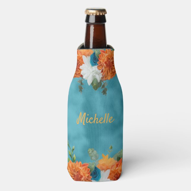 Rafraichisseur De Bouteilles Boho Automne Automne Floral Orange Turquoise (Bottle Devant)