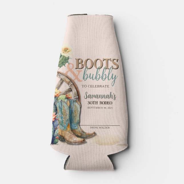Rafraichisseur De Bouteilles Boots et Bubbly Rodeo Cowgirl Cactus Anniversaire (Devant)