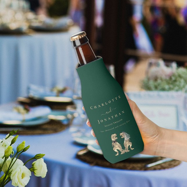 Rafraichisseur De Bouteilles Dinosaur Thème Mariage Vert foncé (Dinosaur theme wedding dark green personalized beer bottle cooler funny T-Rex dino bride & groom)