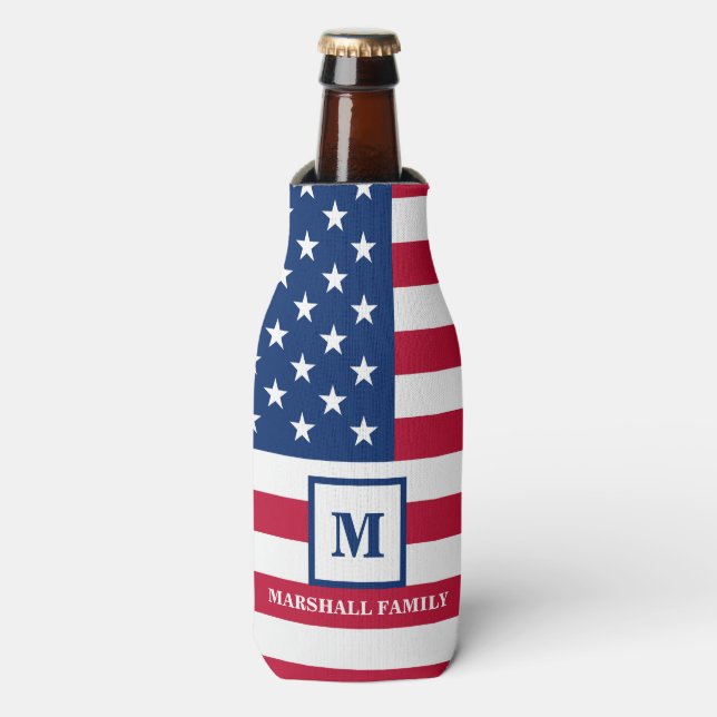 Rafraichisseur De Bouteilles Drapeau américain Customisé Monogramme 4 juillet (Bottle Devant)