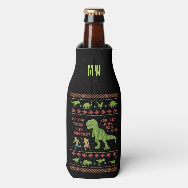 Rafraichisseur De Bouteilles Drôle Noël T Rex Dinosaur Pun Humour Faux Knit (Bottle Devant)