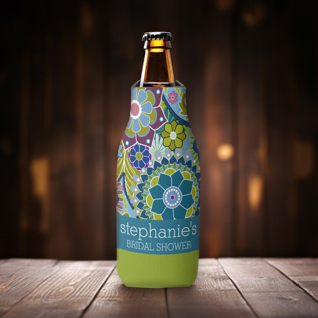 Rafraichisseur De Bouteilles Fête de mariage floral rétro avec fleurs sarcelles (Funky retro floral pattern - personalized bottle cooler)