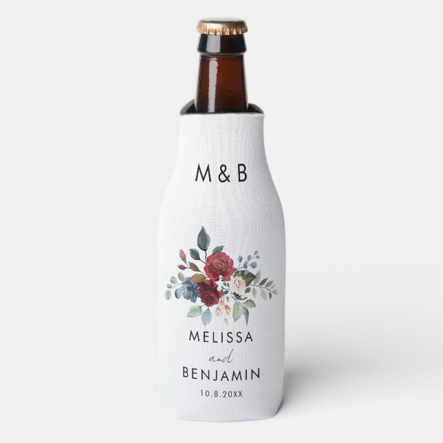 Rafraichisseur De Bouteilles Floral Bourgogne Élégant Script Mariage Faveur (Bottle Devant)
