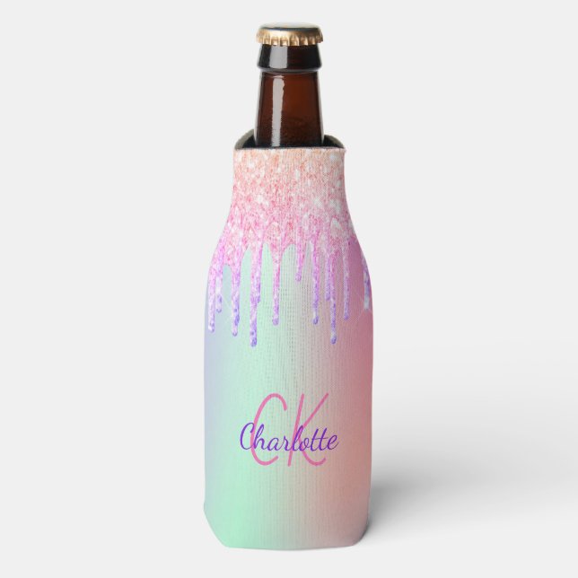 Rafraichisseur De Bouteilles Gouttes holographiques roses en monogramme (Bottle Devant)