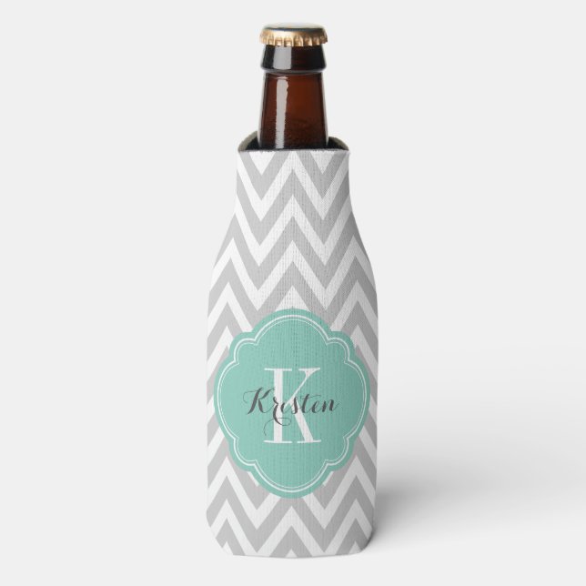 Rafraichisseur De Bouteilles Gray et Aqua Chevron Monogram (Bottle Devant)