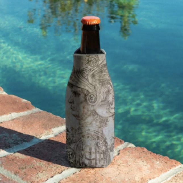 Rafraichisseur De Bouteilles Guerrier casqué de Léonard (Da Vinci’s Ancient Warrior Sketch insulated bottle cooler high-density material. Made in the USA. 
)