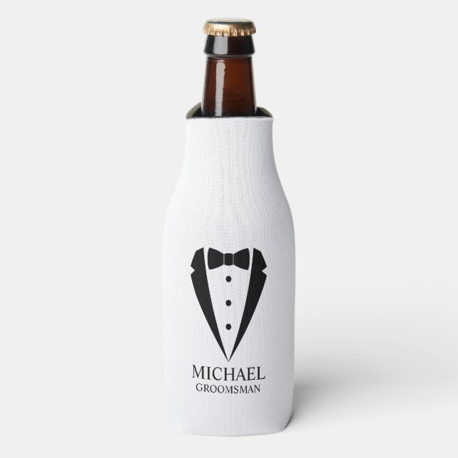 Rafraichisseur De Bouteilles Mariage noir Tuxedo Suit Groomsmen personnalisé (Bottle Devant)