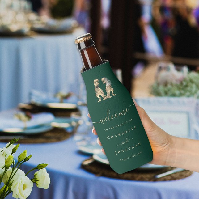 Rafraichisseur De Bouteilles Mariage sur le thème des dinosaures Vert foncé (Dinosaur wedding dark green custom beer bottle cooler funny T-Rex Jurassic dino bride and groom )