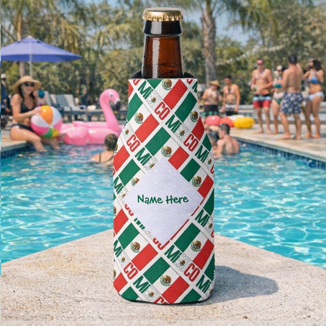 Rafraichisseur De Bouteilles Mexique Drapeau mexicain Carrelé Vert Personnalisé (Personalized bottle cozie with tiled Mexican Flag and MEXICO. Add a name inside the white fractal.)