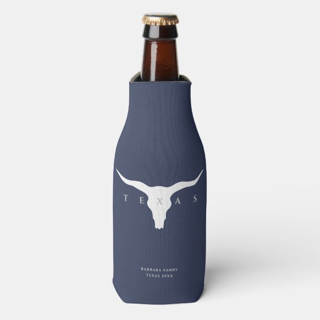 Rafraichisseur De Bouteilles Modern Texas Longhorn Nom personnalisé bleu (Bottle Devant)