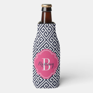 Rafraichisseur De Bouteilles Monogramme de clé bleu marine et rose grecque