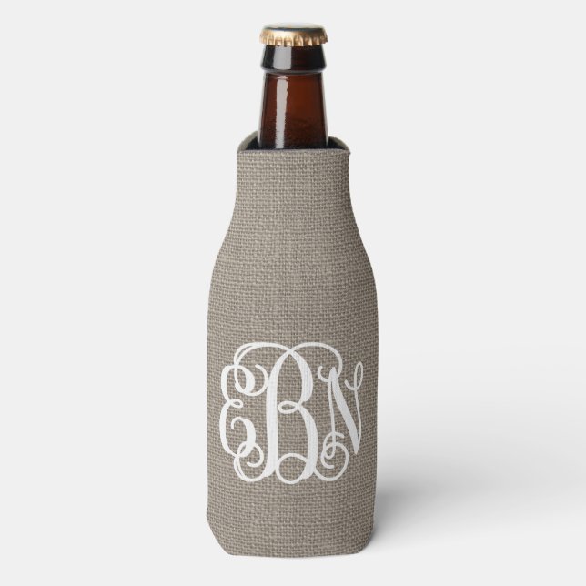 Rafraichisseur De Bouteilles Monogramme de script préppy de Burlap rustique (Bottle Devant)