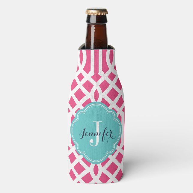 Rafraichisseur De Bouteilles Monogramme de treillis rose et turquoise chaud (Bottle Devant)