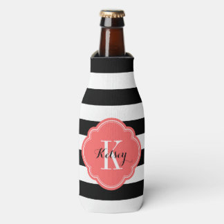 Rafraichisseur De Bouteilles Monogramme des rayures de preppy noir et corail