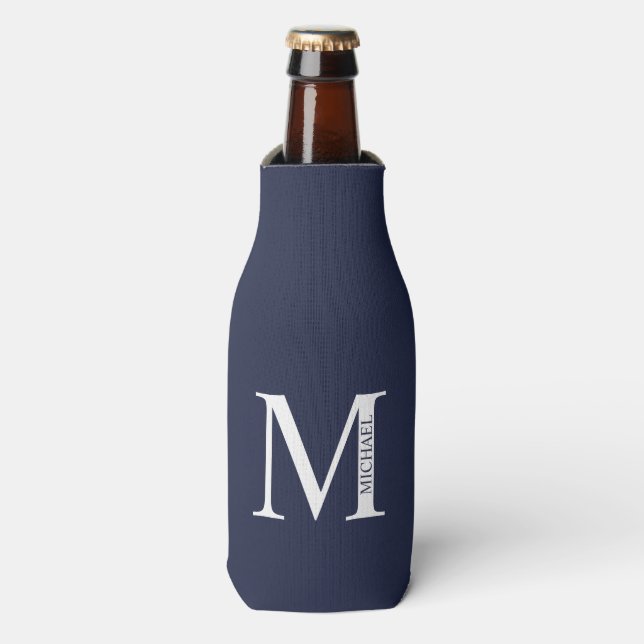 Rafraichisseur De Bouteilles Monogramme et nom personnalisés bleu marine (Bottle Devant)