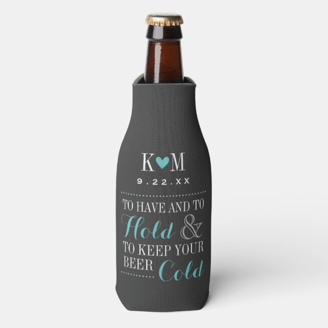 Rafraichisseur De Bouteilles Monogramme Mariage moderne gris et turquoise (Bottle Devant)