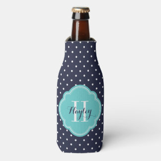 Rafraichisseur De Bouteilles Monogramme Pois bleu marine et turquoise