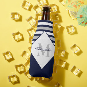 Rafraichisseur De Bouteilles Monogramme rayures bleu gris marine nautique moder